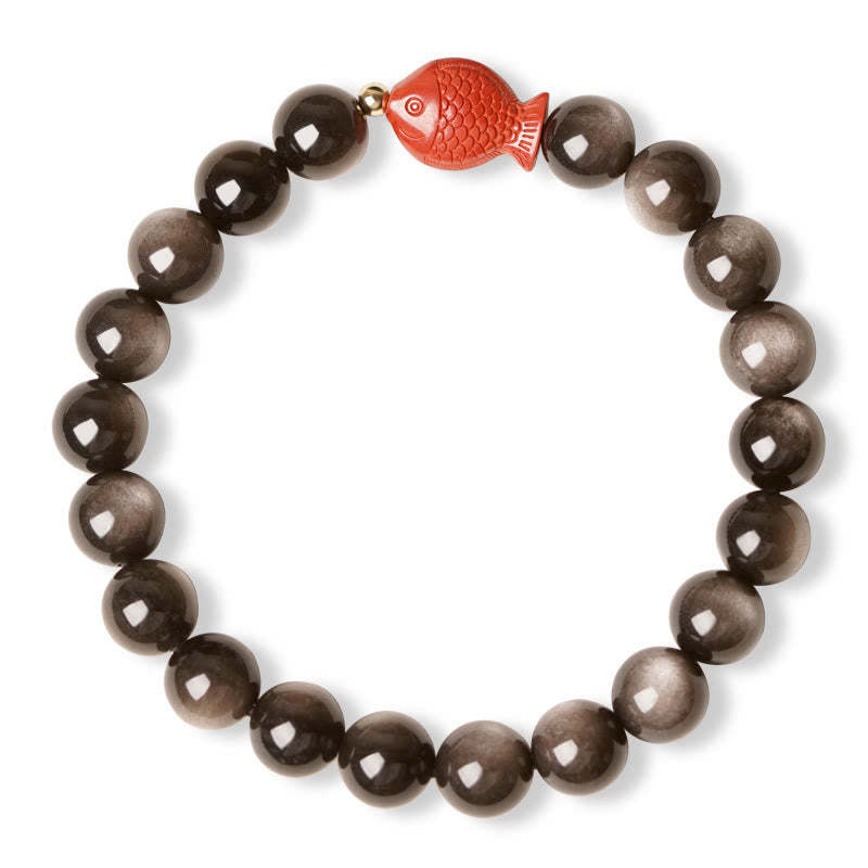 Natural Silver Sheen Obsidian Cinnabar Koi Fish Soothing Protection Bracelet