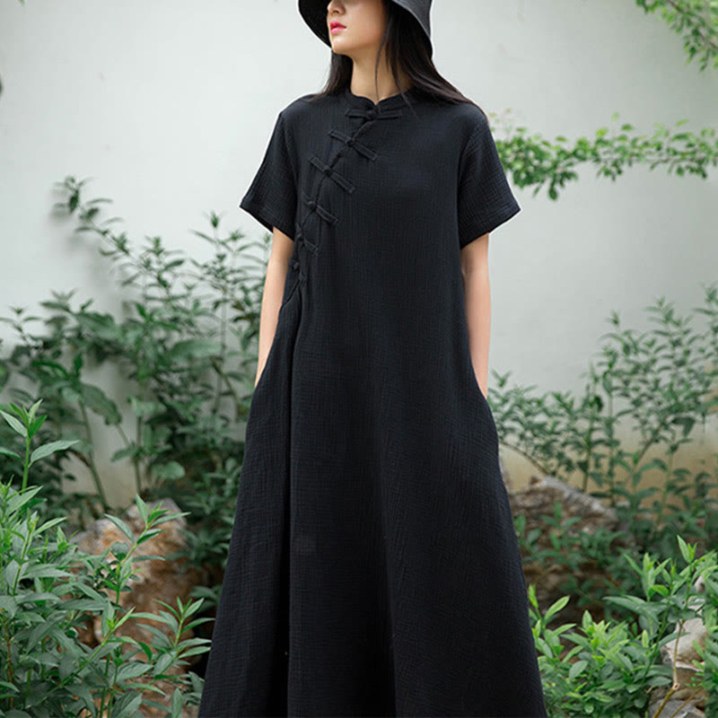 Frog-Button Midi Dress Cotton Linen Short Sleeve Dress With Pockets
