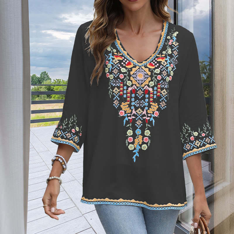 Spring Daily Embroidery Flower Pattern Long Sleeve V-neck Cotton Women's T-Shirt