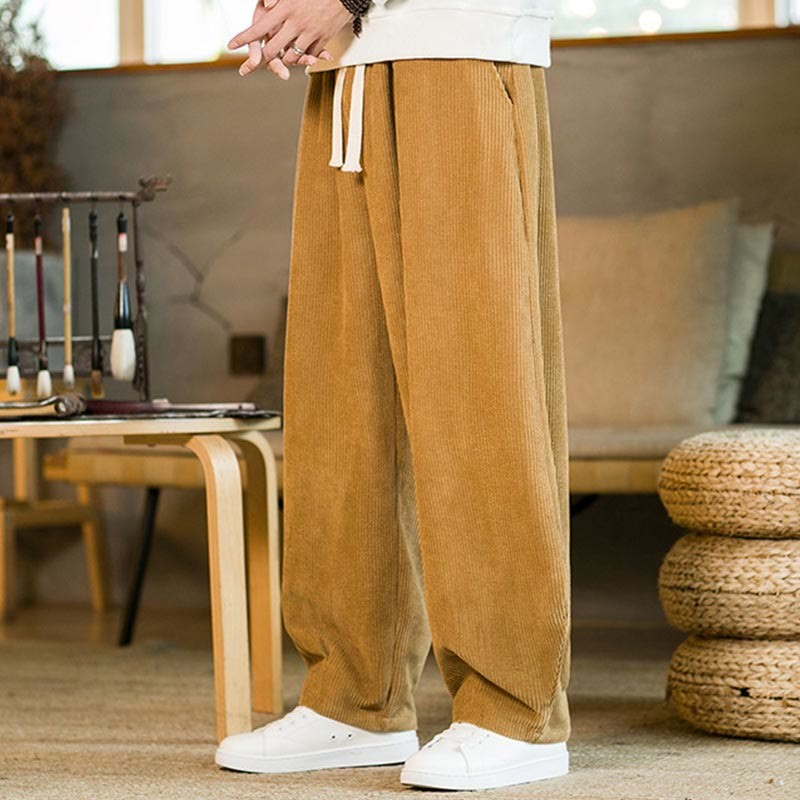Fall Winter Men's Drawstring Corduroy Harem Pants With Pockets