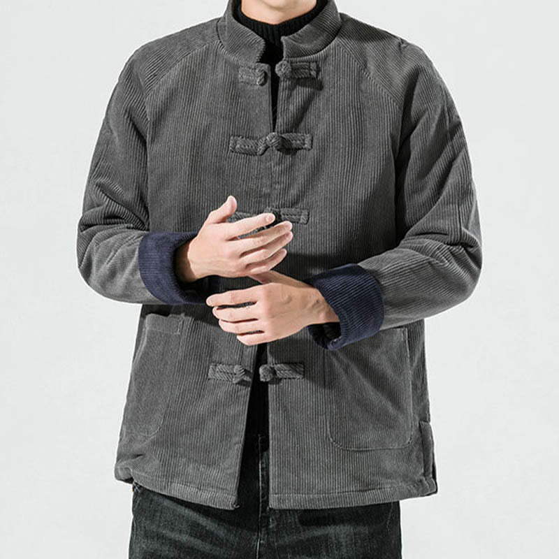 Frog-Button Chinese Tang Suit Stand Collar Long Shirt Corduroy Men Cotton Jacket Clothing