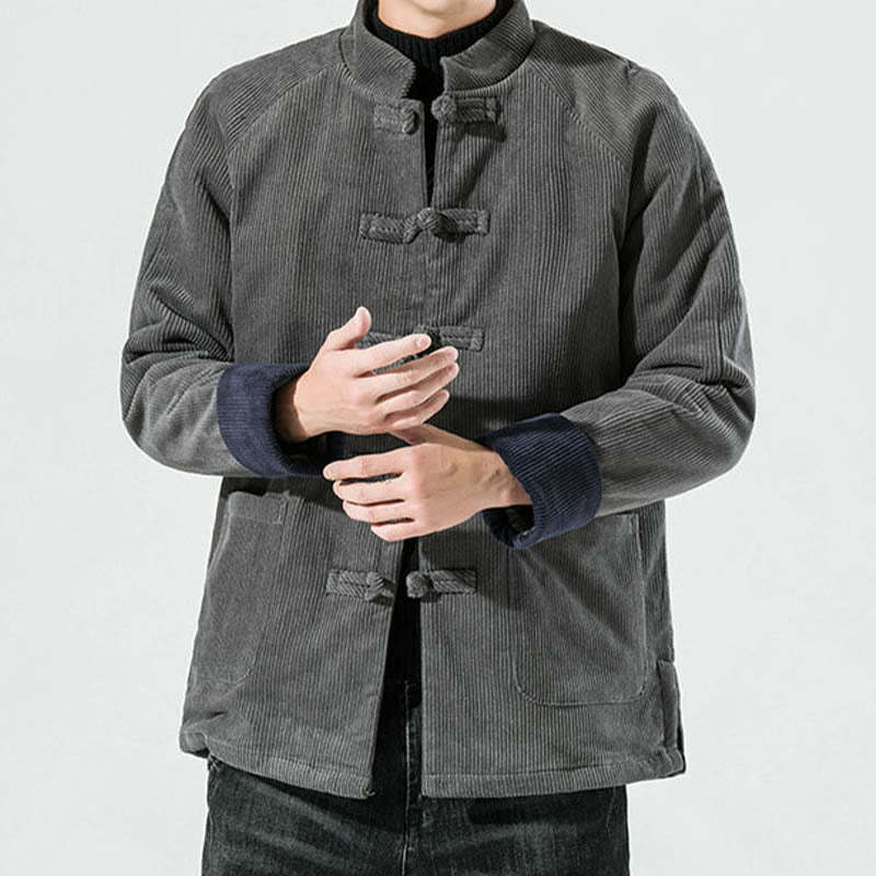 Frog-Button Chinese Tang Suit Stand Collar Long Shirt Corduroy Men Cotton Jacket Clothing