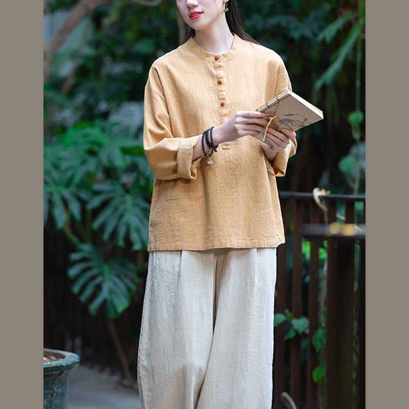 Solid Color Loose Button Blouse Long Sleeve Shirt Top