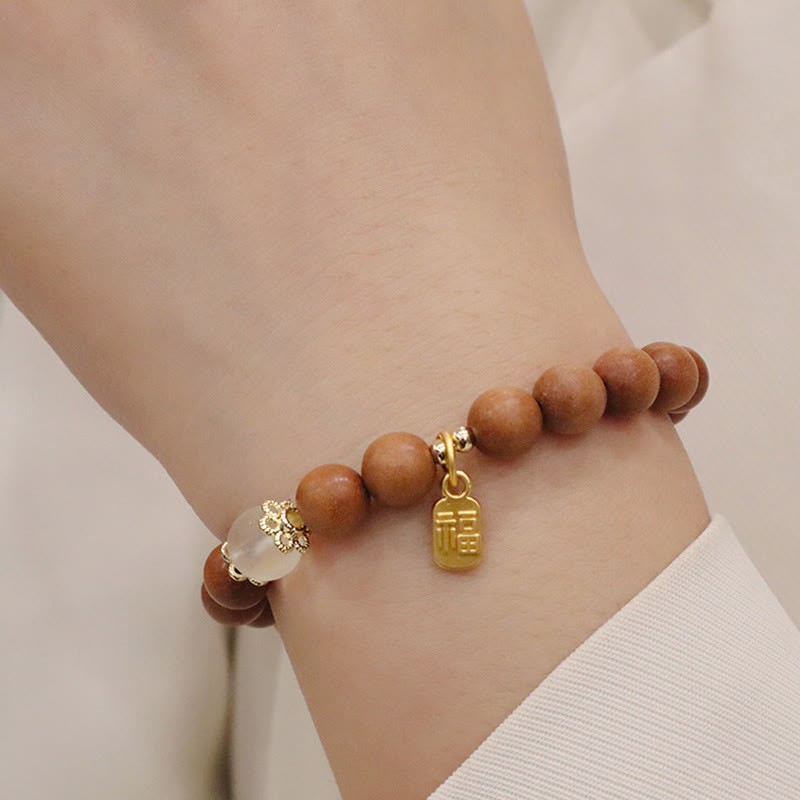Sandalwood Cat's Eye Fu Character Charm Protection Bracelet