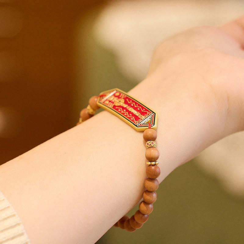 Sandalwood Wood Bead Gold Plated Copper Bagua Yin Yang Chinese Character Harmony Bracelet