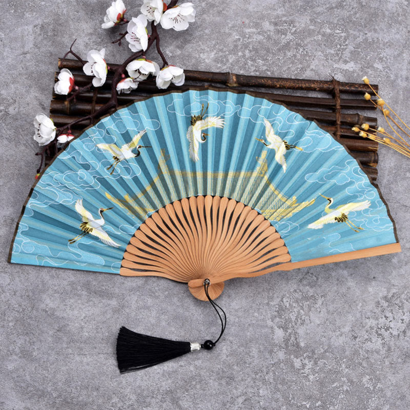 Cranes Auspicious Clouds Solid Color Gradient Handheld Cotton Linen Fabric Bamboo Folding Fan