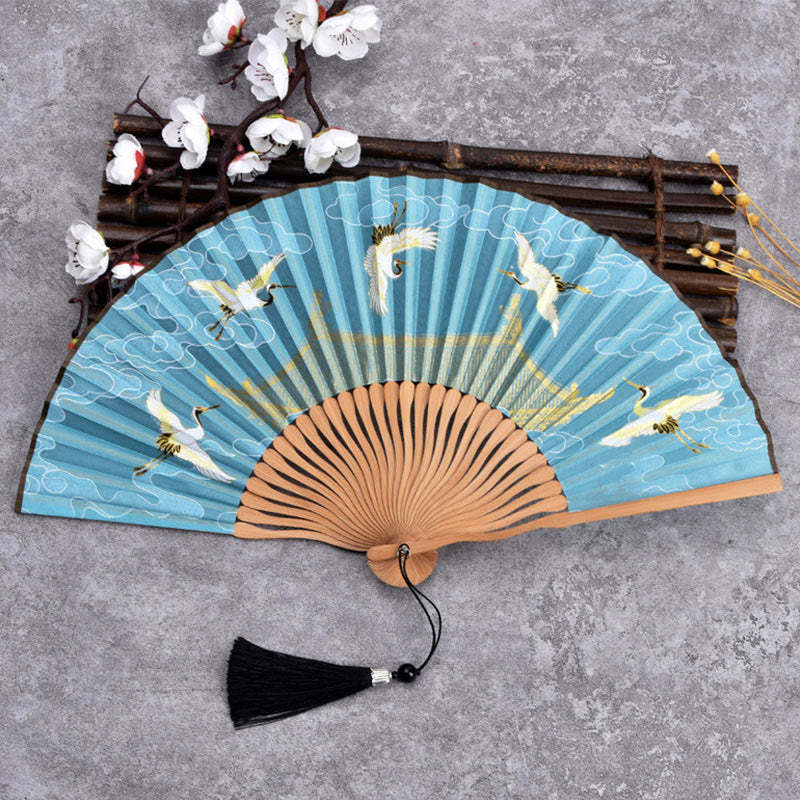 Cranes Auspicious Clouds Solid Color Gradient Handheld Cotton Linen Fabric Bamboo Folding Fan