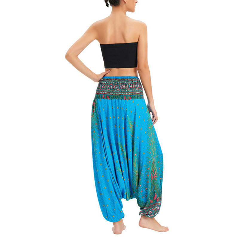 Two Style Wear Peacock Feather Loose Smocked Harem Trousers Jumpsuit High Waist Pants
