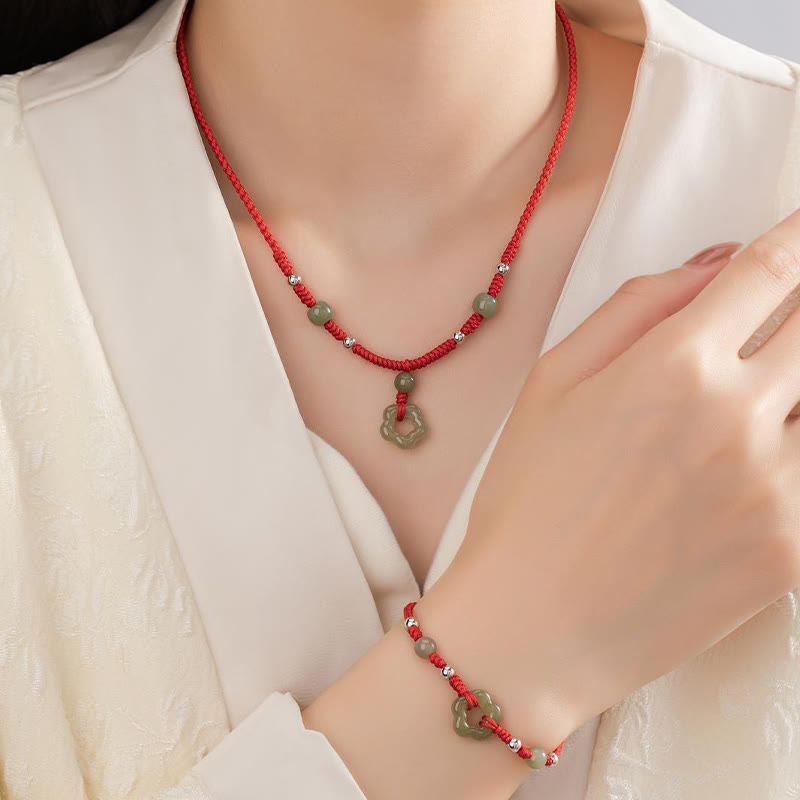 925 Sterling Silver Natural Hetian Cyan Jade Flower Pentagram Luck Red Rope Necklace Pendant Bracelet Set
