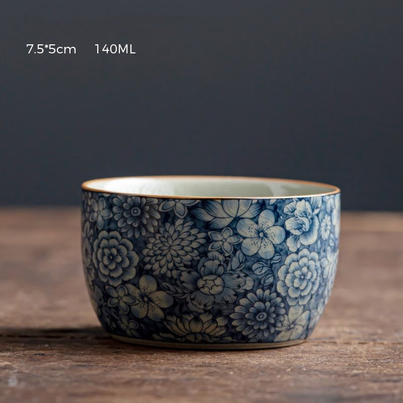 Blue Lotus Peach Blossom Chrysanthemum Design Ceramic Teacup Kung Fu Tea Cups