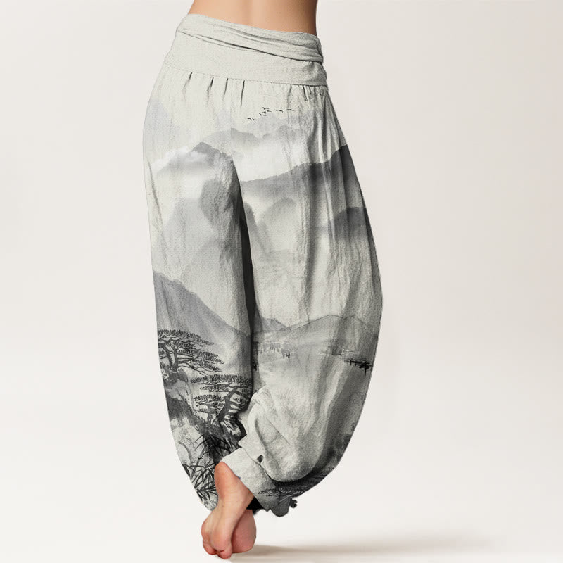 Mountains Trees Landscape Ink Painting Women's Elastic Waist Harem Pants