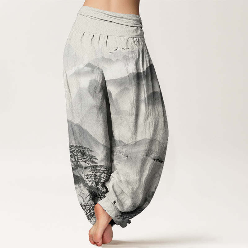 Mountains Trees Landscape Ink Painting Women's Elastic Waist Harem Pants