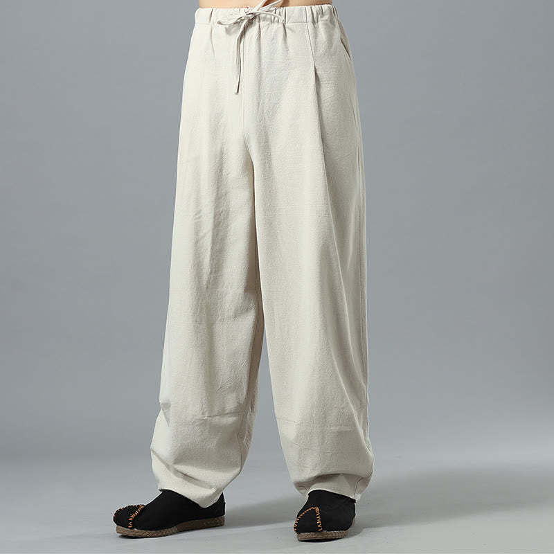 Casual Solid Color Drawstring Cotton Linen Men's Pants With Pockets