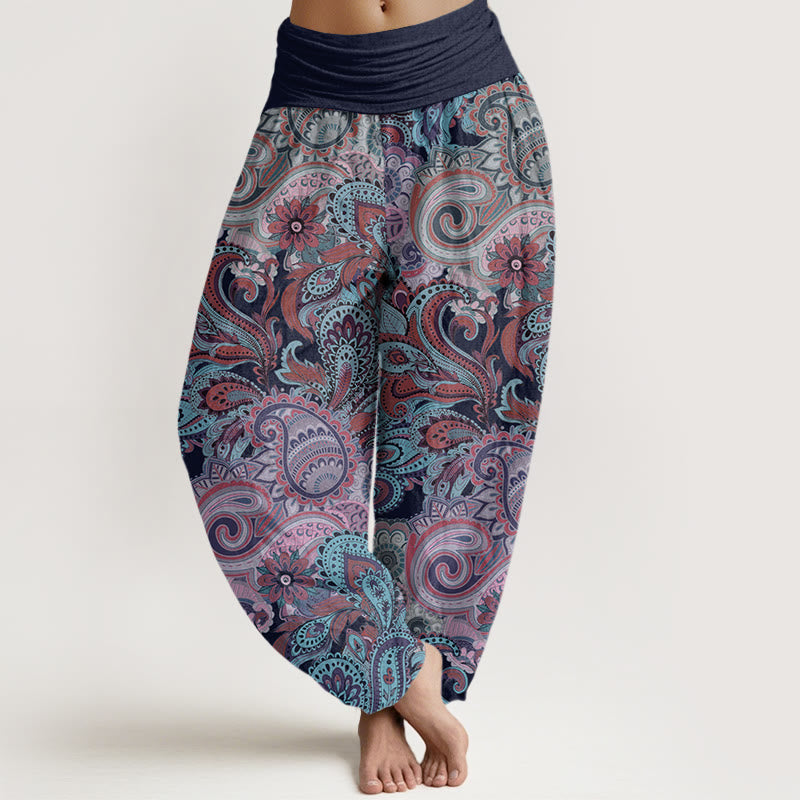 Colorful Cashew Flower Pattern Design Women's Elastic Waist Harem Pants