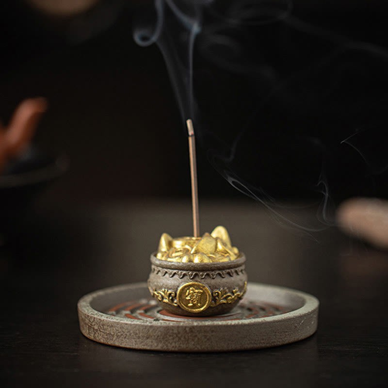 Small Treasure Bowl Lucky Bag Bagua Tray Healing Ceramic Stick Incense Burner Decoration