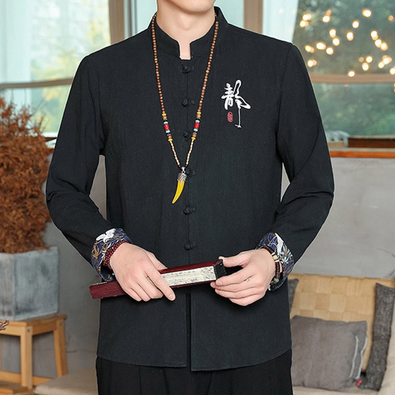 Fall Solid Long Sleeve Frog-Button Shirt Linen Men Zen Clothing