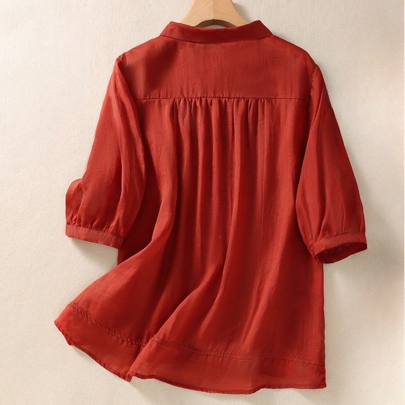 Summer Plain Button Embroidery Flower Pattern Three Quarter Sleeve Lapel Cotton Linen Women's Shirt