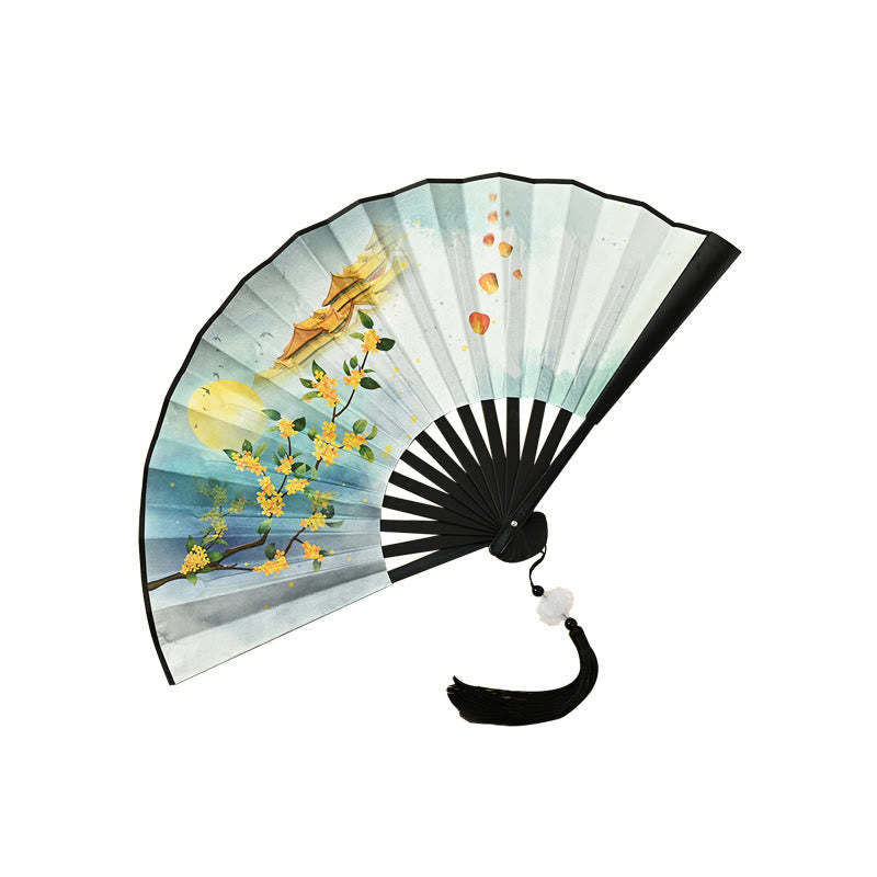 Vintage Phoenix Nine-Tailed Fox Flower Bamboo Tiger Handheld Folding Fan Lotus Tassel Fan
