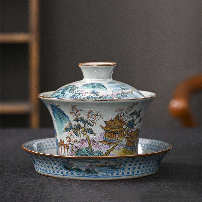 Jingdezhen Dragon Phoenix Pavilion Pine Flower Ceramic Gaiwan Sancai Teacup Kung Fu Tea Cup And Saucer With Lid 170ml
