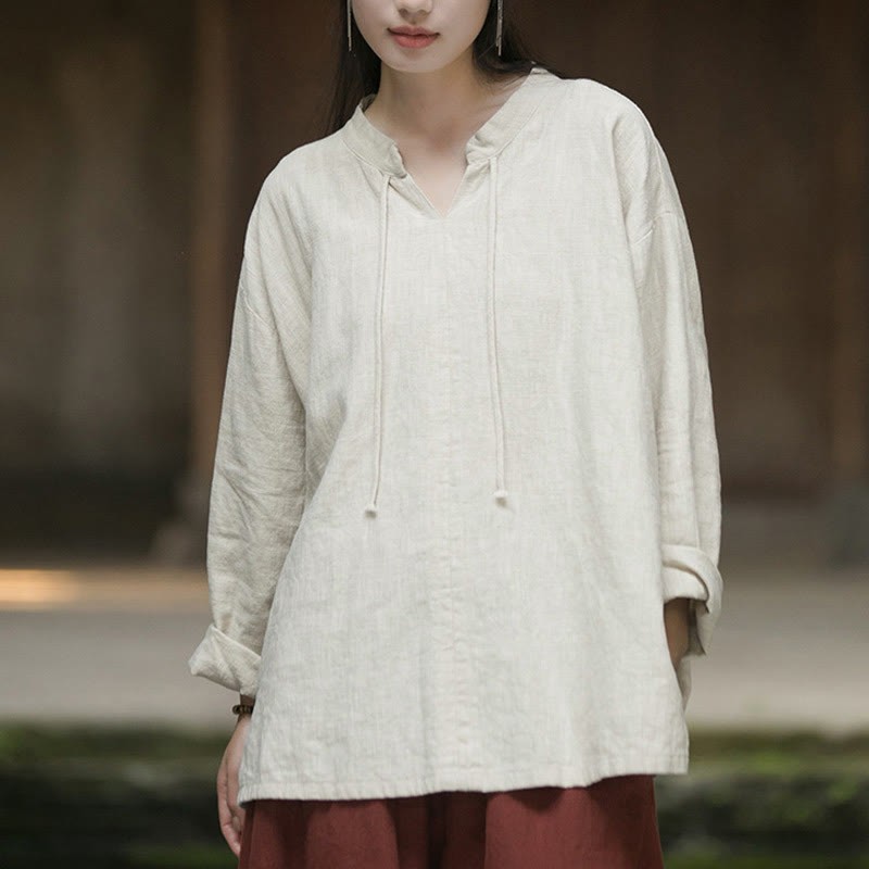 Retro Solid Color Long Sleeve Ramie Linen Women's Shirt