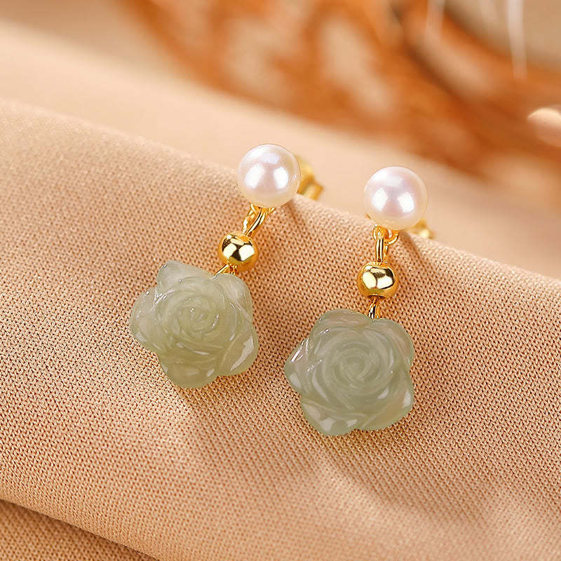 925 Sterling Silver Plated Gold Jade Rose Flower Cyan Jade Pearl Luck Earrings