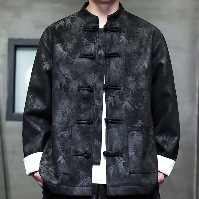 Men's Frog-Button Tang Suit Bamboo Pattern Suede Cotton Jacket Shirt With Pockets