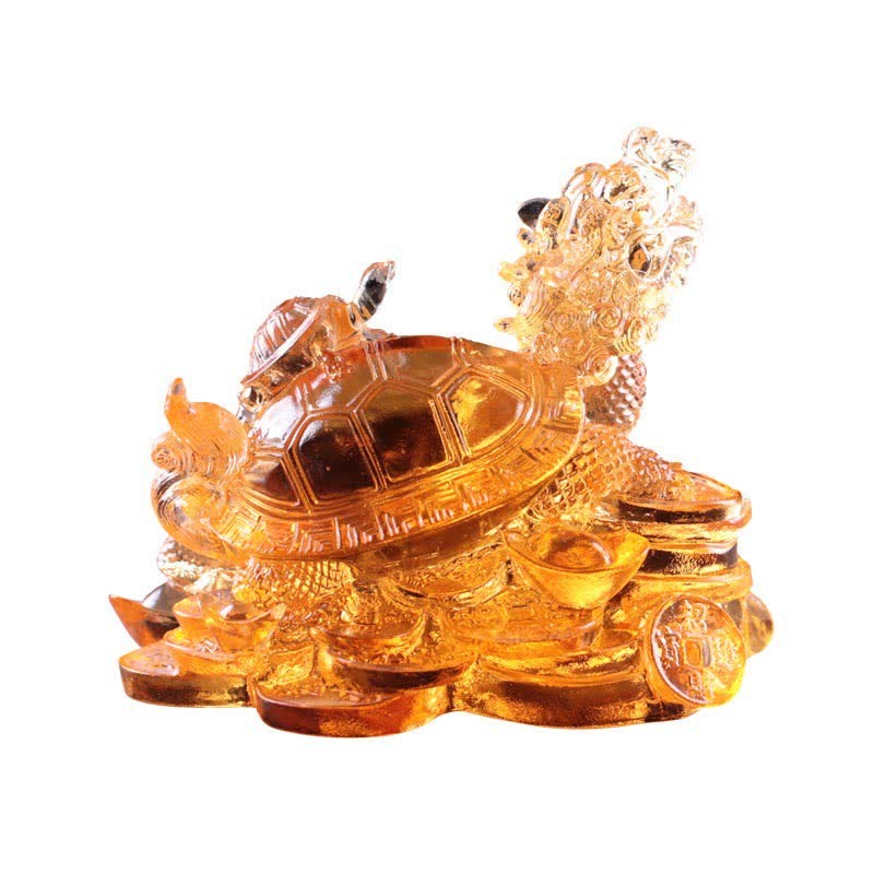 Feng Shui Dragon Turtle Coins Handmade Liuli Crystal Luck Art Piece Home Office Decoration