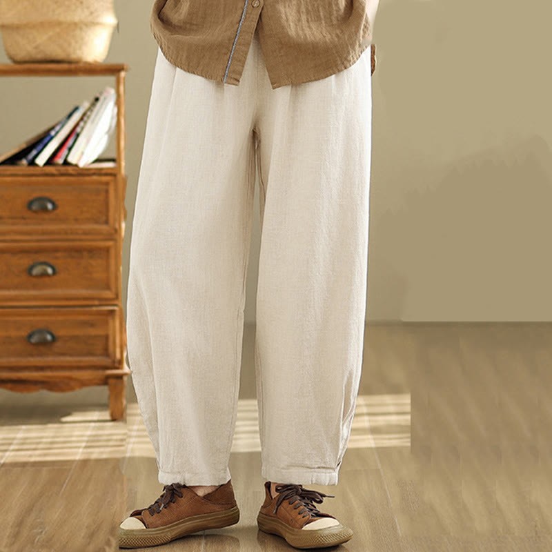 Casual Solid Color Tapered Elastic Waistband Cotton Linen Women's Pants With Pockets