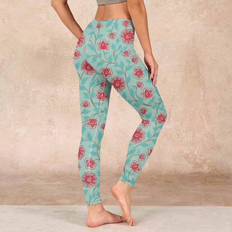 Vine Leaves Blossom Print Gym Leggings Women's Yoga Pants