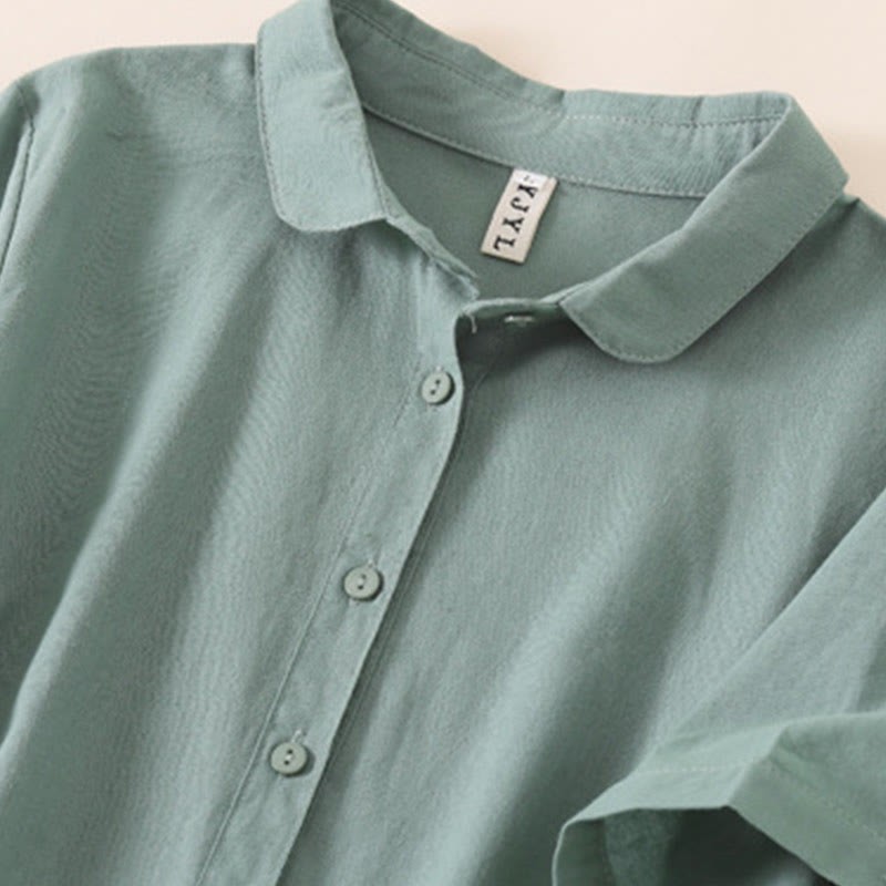 Summer Buttons Design Short Sleeve Cotton Linen Midi Dress With Pockets