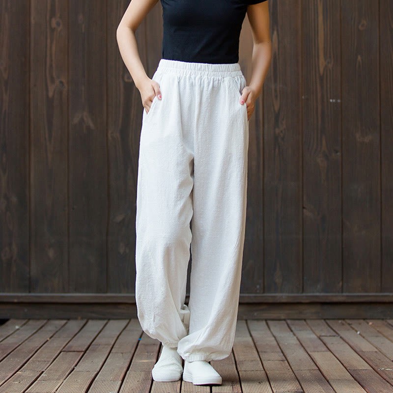 Casual Solid Plain Color Carrot Elastic Waistband Cotton Ramie Women's Pants With Pockets