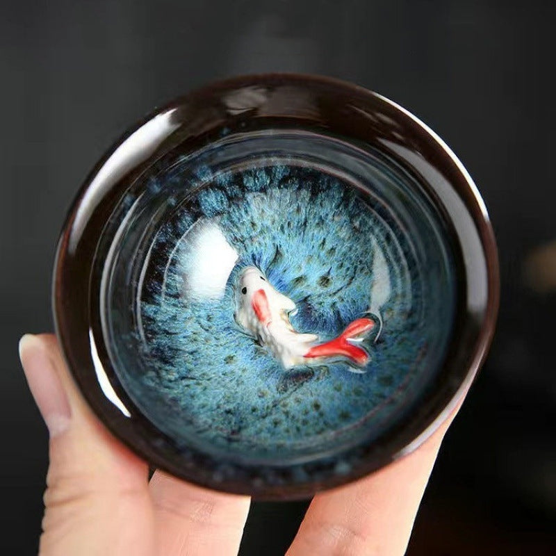 Small Koi Fish Blue Kiln Change Chinese Jianzhan Ceramic Teacup Kung Fu Tea Cup 75ml