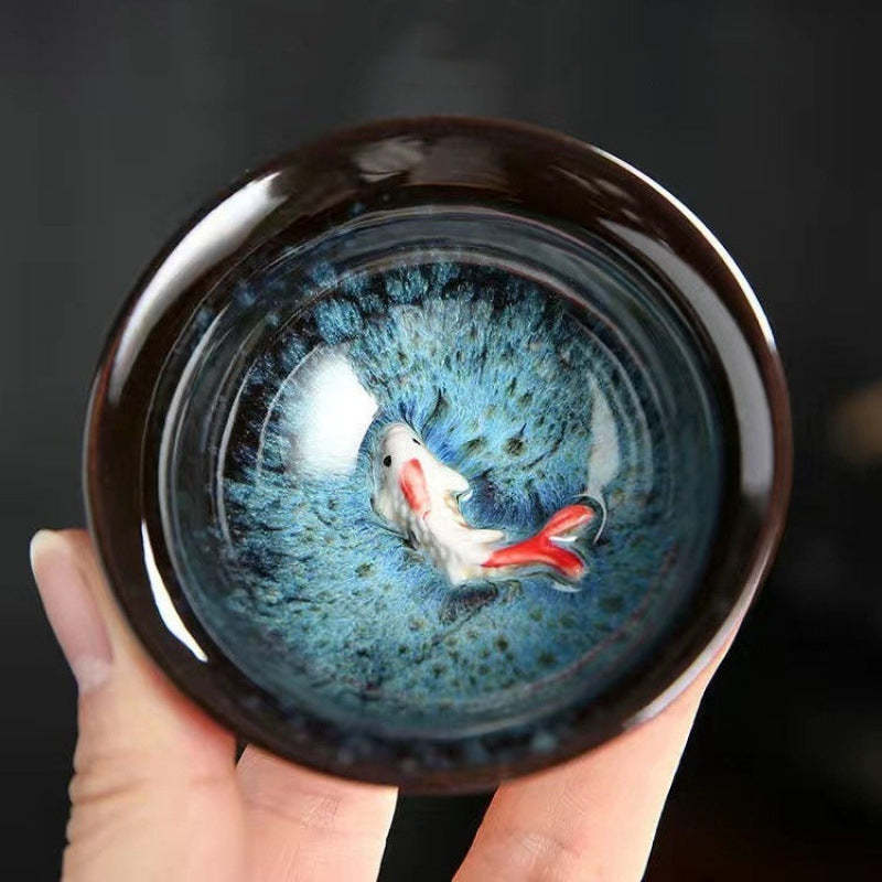 Small Koi Fish Blue Kiln Change Chinese Jianzhan Ceramic Teacup Kung Fu Tea Cup 75ml