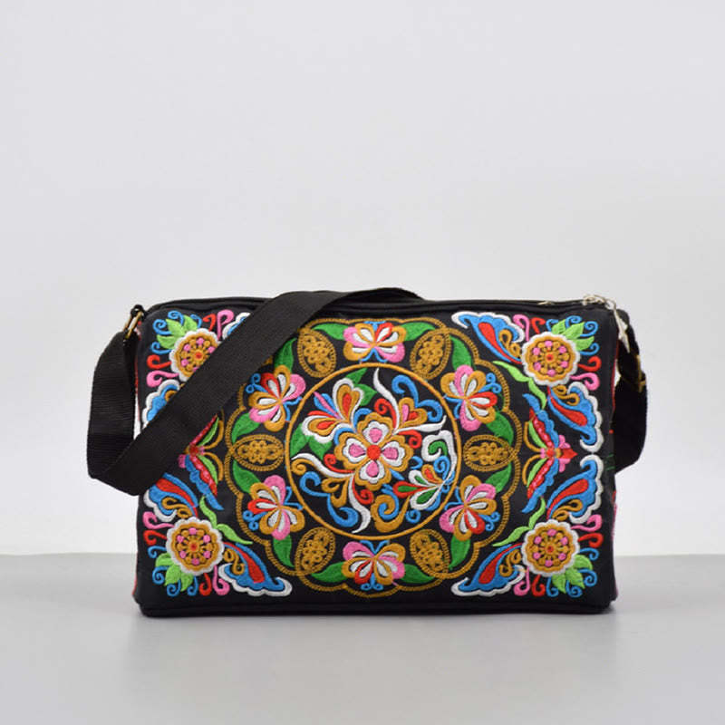 Galsang Inula Flower Peony Peacock Double-Sided Embroidery Canvas Shopping Purse Handbag Crossbody Bag