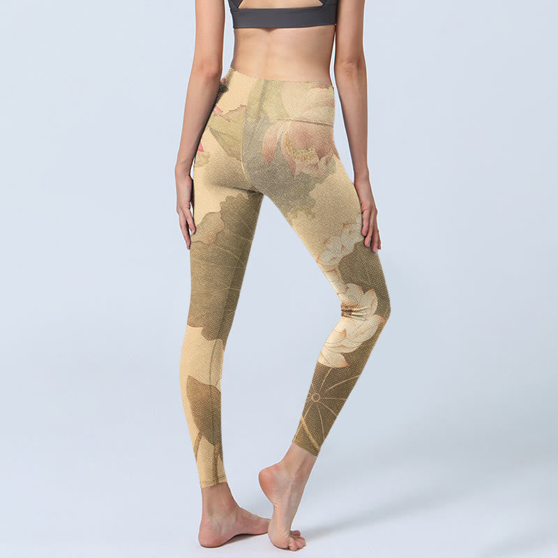 Lotus Flowers Leaves Print Gym Leggings Women's Yoga Pants