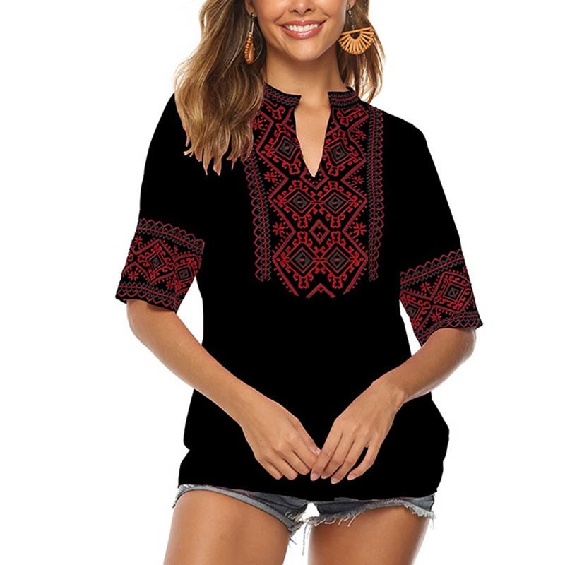 Summer Boho Embroidery Floral Pattern Half Sleeve V-neck Cotton Women's T-Shirt