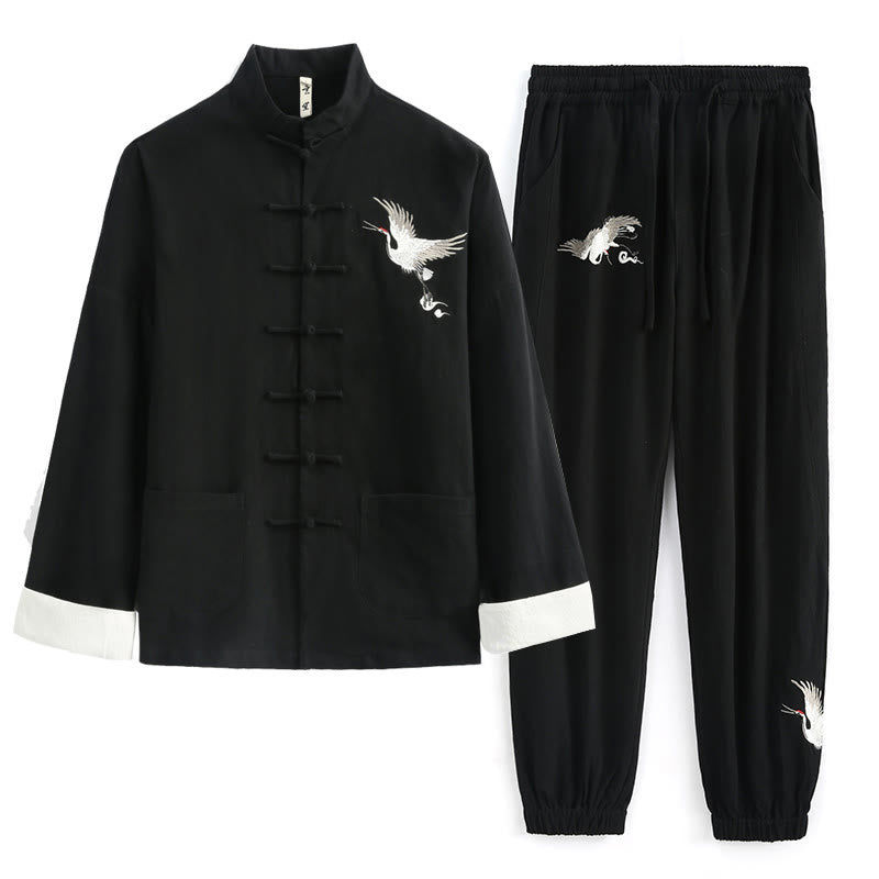 Chinese New Year Crane Embroidery Tang Suit Hanfu Long Sleeve Top Pants Clothing  Cotton Linen Men's Set With Pockets