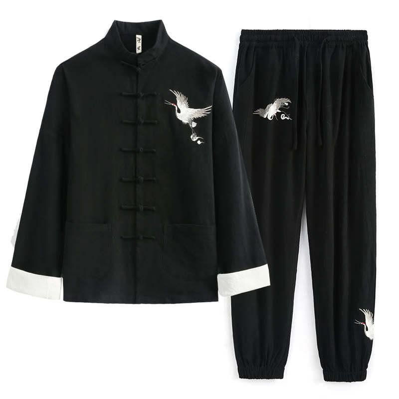Chinese New Year Crane Embroidery Tang Suit Hanfu Long Sleeve Top Pants Clothing  Cotton Linen Men's Set With Pockets