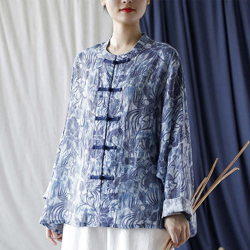 Retro Blue White Flowers Frog-Button Design Long Sleeve Ramie Linen Jacket Shirt