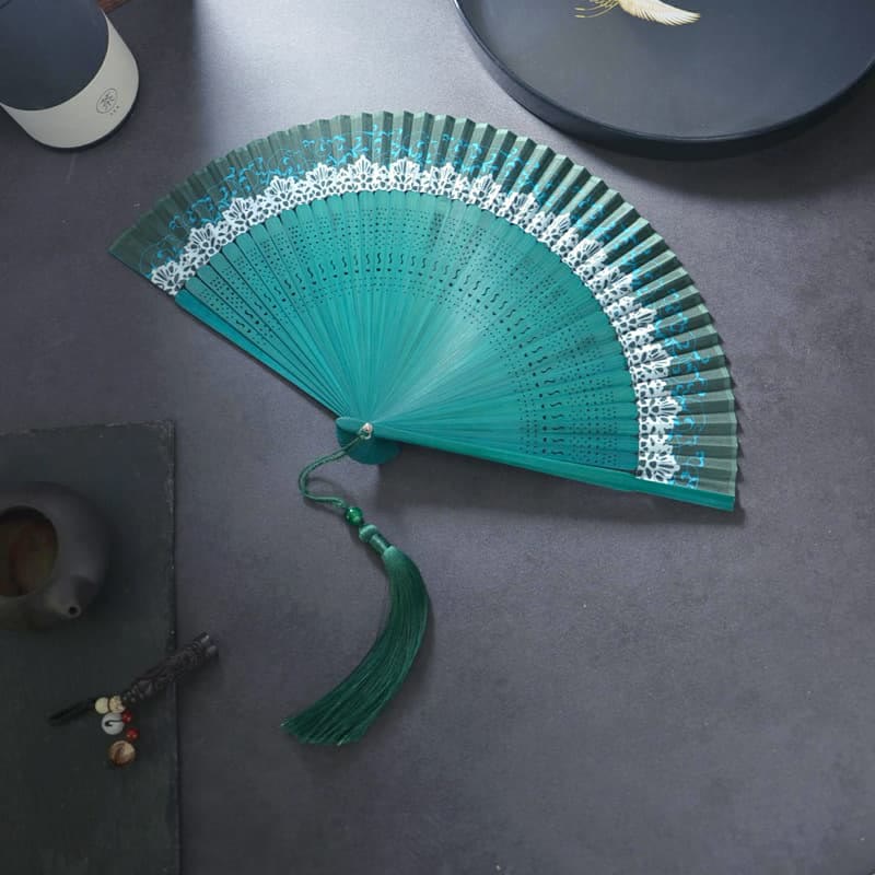 Flower Plain Handheld Polyester Tassel Bamboo Folding Fan 21cm