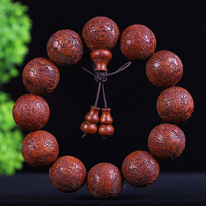 Chinese Zodiac Rosewood Ebony Boxwood Copper Coin PiXiu Carved Warmth Bracelet