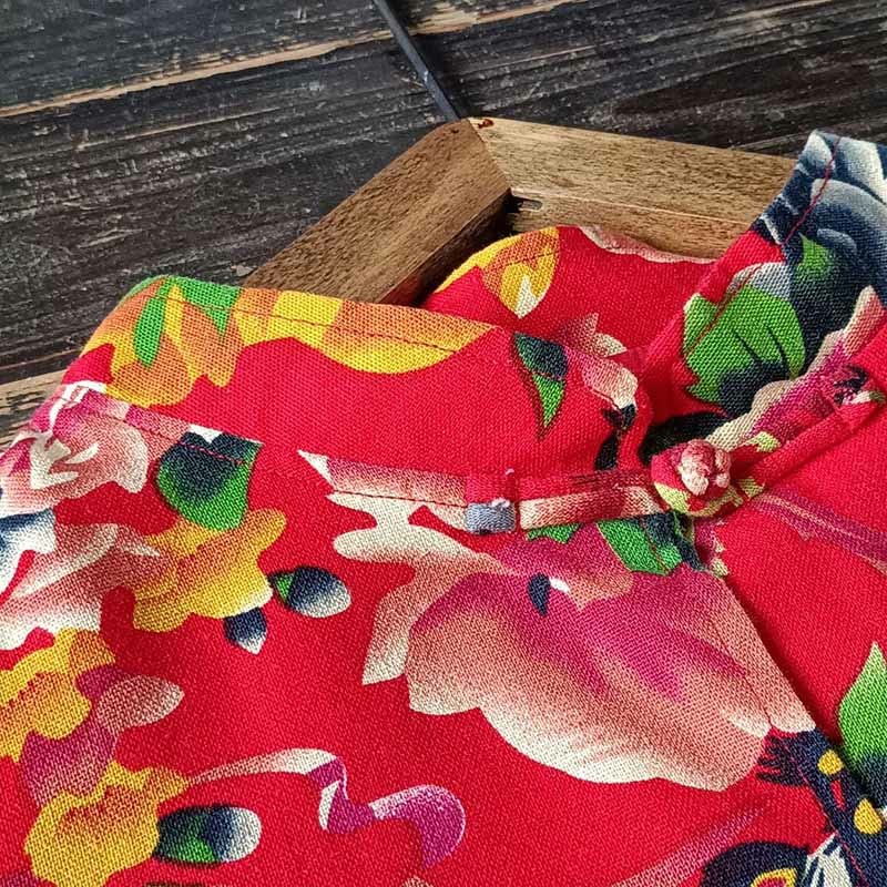 Ethnic Red Flower Peony Frog-Button Cotton Linen Long Sleeve Shirt Jacket With Pockets