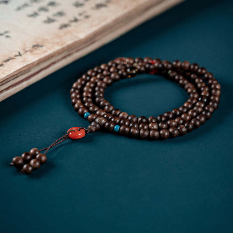 108 Mala Beads Kalimantan Agarwood Laughing mystic zen Peace Buckle Red Agate Jade Strength Bracelet