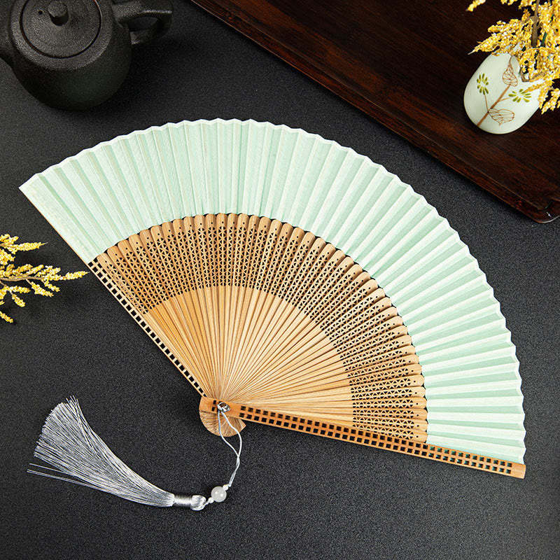 Cranes Auspicious Clouds Solid Color Gradient Handheld Cotton Linen Fabric Bamboo Folding Fan
