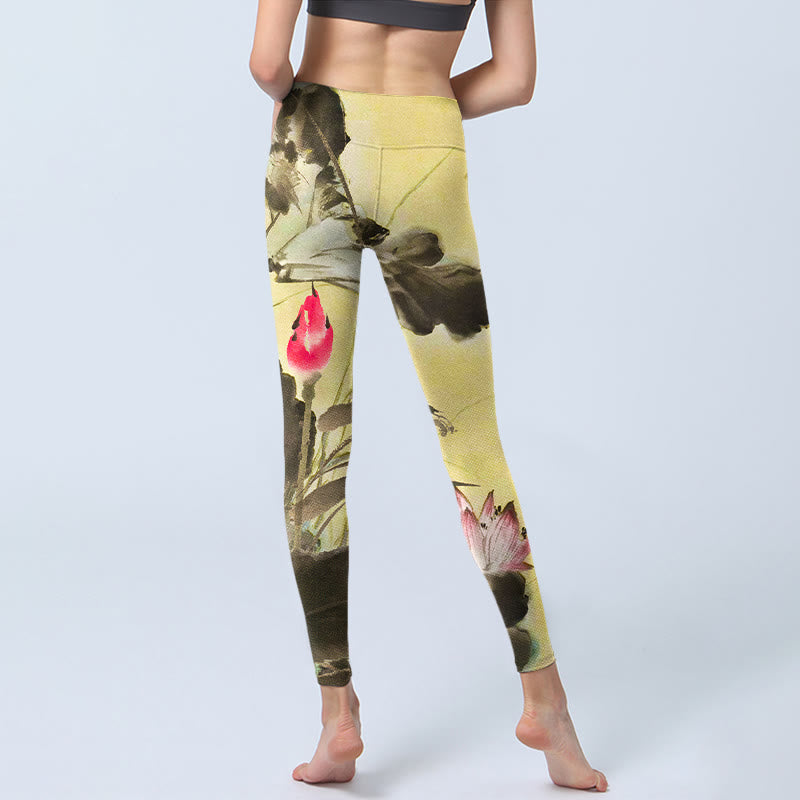 Pink Blooming And Unbloomed Lotus Print Gym Leggings Women's Yoga Pants
