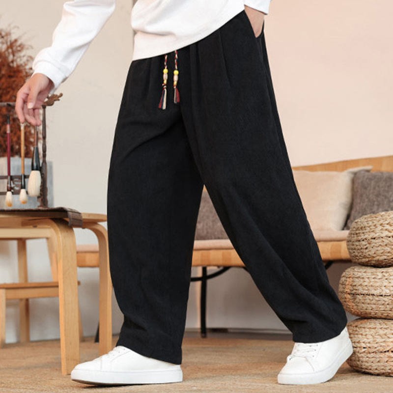 Fall Winter Men's Drawstring Corduroy Solid Pants With Pockets