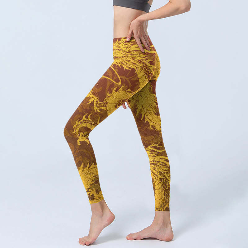 Golden Dragon Flowers Print Gym Leggings Women's Yoga Pants