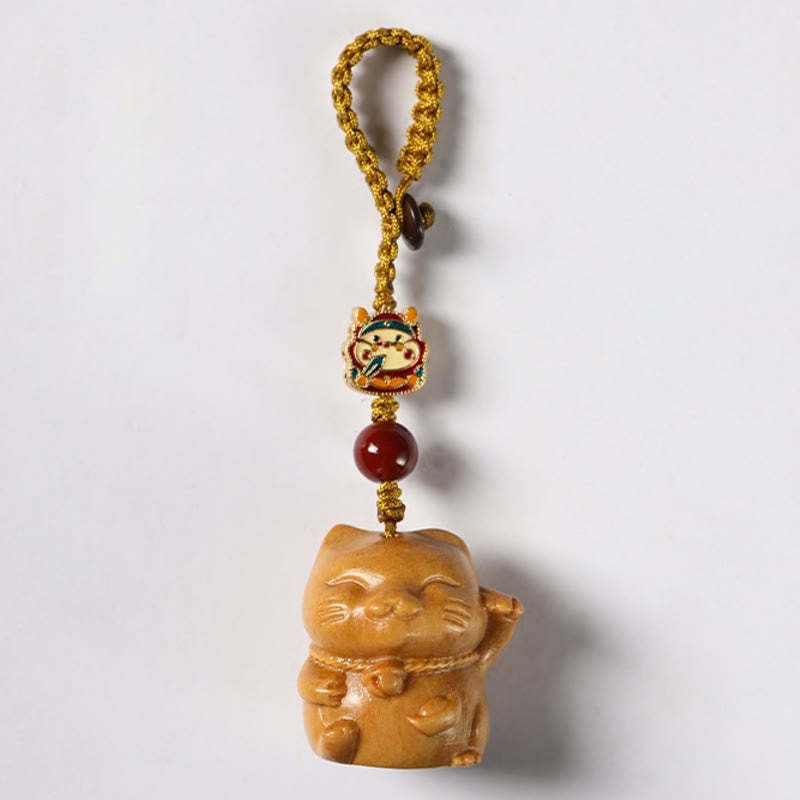 Small Leaf Red Sandalwood Green Sandalwood Sandalwood Lucky Cat Protection Key Chain Phone Hanging Decoration