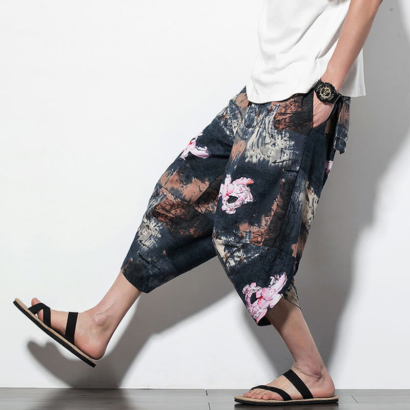 Pink Lotus Ink Painting Print Cotton Men's Long Cropped Harem Pants With Pockets