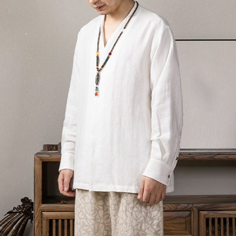 V-Neck Men's Linen Long Sleeve Shirt Zen Clothing